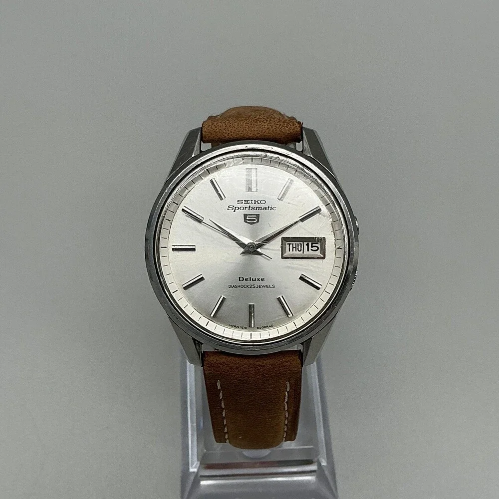 Vintage Seiko Sportsmatic 5 Deluxe Mens Watch 37mm Silver Tone Leather Automatic